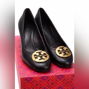 Tory Burch Black Wedged Heel with Gold Emblem 7M